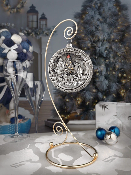 Set of 4 silver Christmas balls "Bullfinches, Snowflakes, Bells and a Happy childhood"